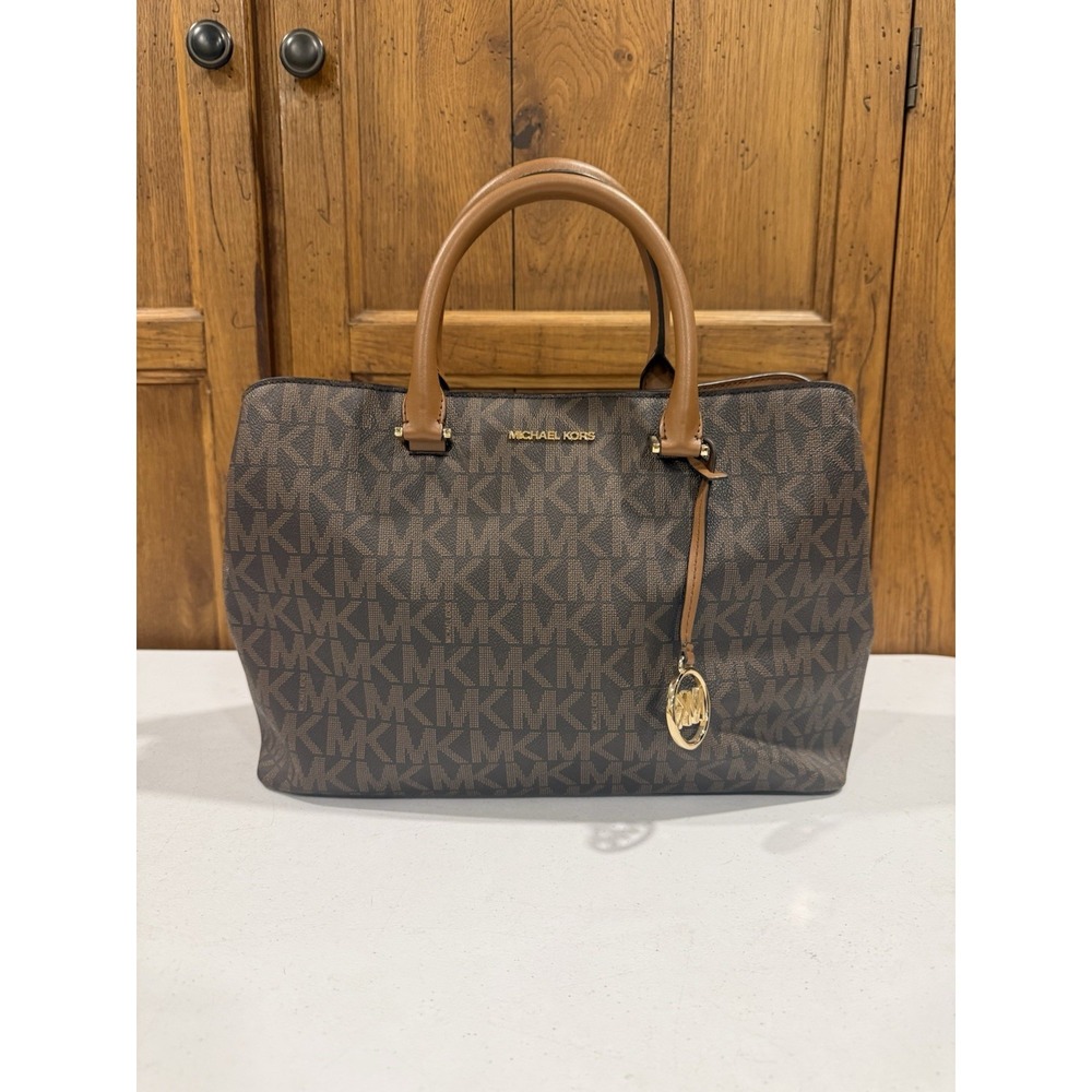 Michael Kors Brown & Tan MK Signature Satchel Handbag Purse Gold Charm